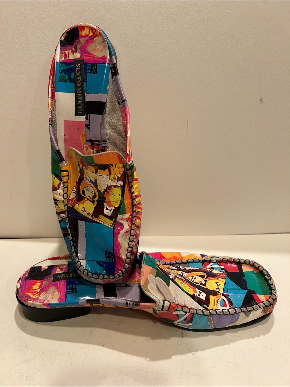 Sesto Meucci Multicolor Graphic Print Leather Mules Size 8.5